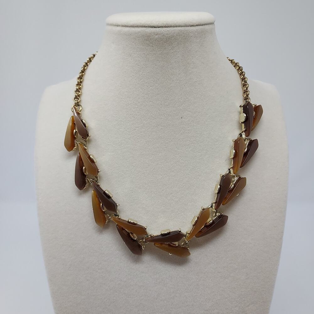Vintage Thermoset Necklace Bronze Brown Leaves Gold Tone Choker 16" MCM
